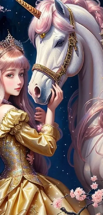 Fantasy princess with a unicorn against a starry night sky, surrounded by cherry blossoms.