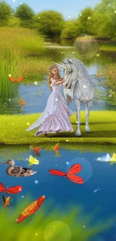 Fantasy princess with unicorn by a lake, surrounded by nature and butterflies.