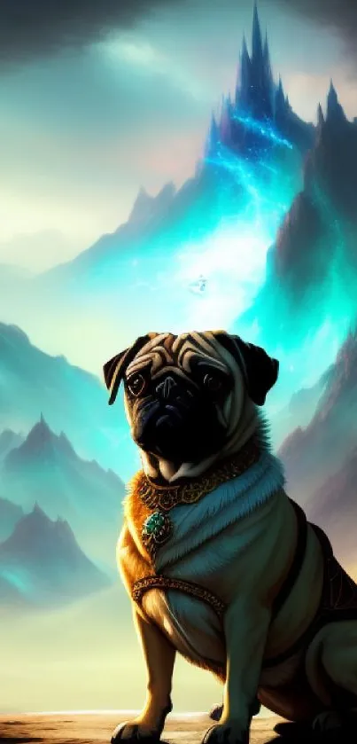 Fantasy pug on mystical mountain backdrop with vibrant blue sky.