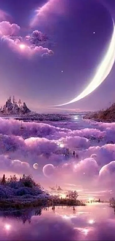 Fantasy purple night wallpaper with crescent moon and clouds.