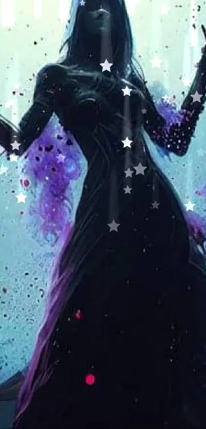 Silhouette of a queen in fantasy art with ethereal purple mist.