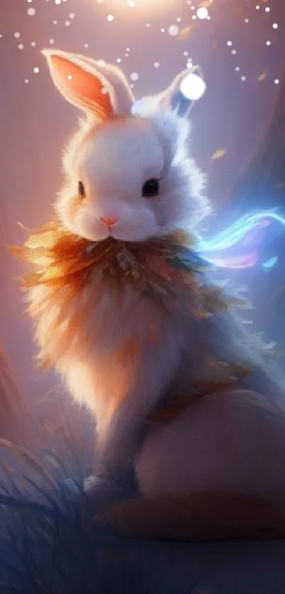 Fantasy rabbit in enchanted forest with magical light.