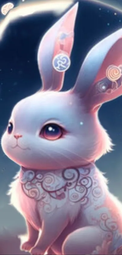 Charming rabbit with celestial designs under a night sky.