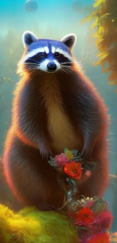 Fantasy raccoon holding flowers in an enchanted forest wallpaper.