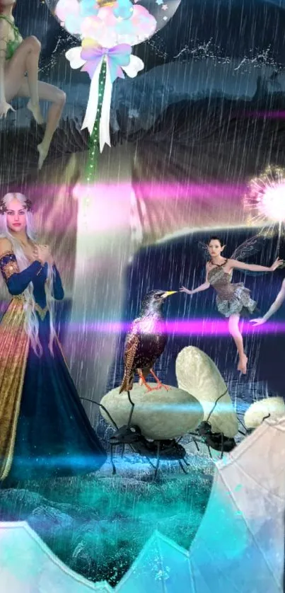 Fantasy wallpaper with rain and vibrant colors in a dark mystical setting.
