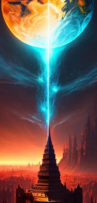 Fantasy scene with a beam connecting a glowing planet to a tower amidst vibrant colors.