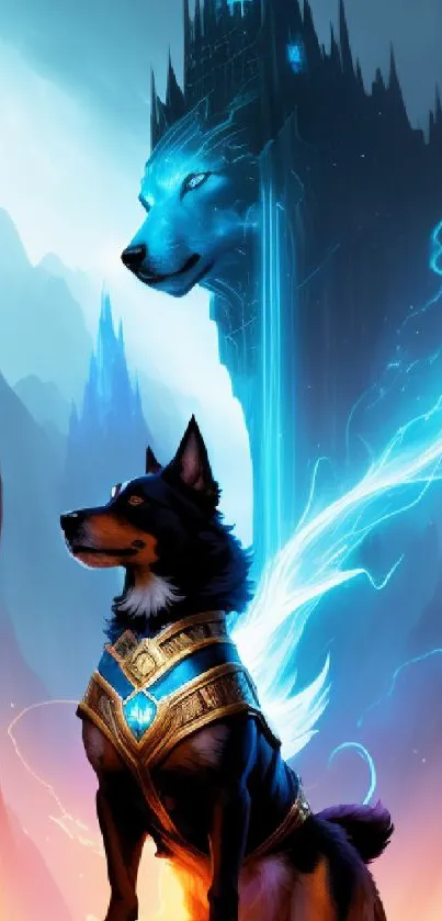 Fantasy wallpaper featuring a guardian dog and ghostly wolf in a mystical landscape.