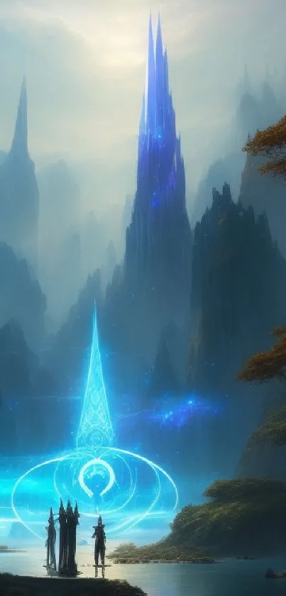 Fantasy landscape with mystical spires and blue glow.