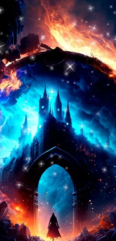 Fantasy wallpaper with fiery portal and celestial elements.