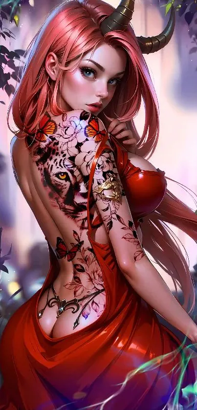 Fantasy red-haired demon with tattoos and butterflies on a mobile wallpaper.