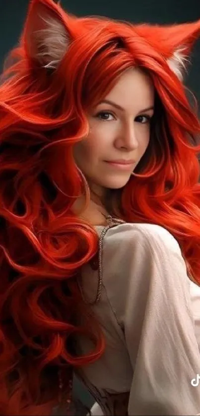 A fantasy image of a woman with red hair and fox ears.