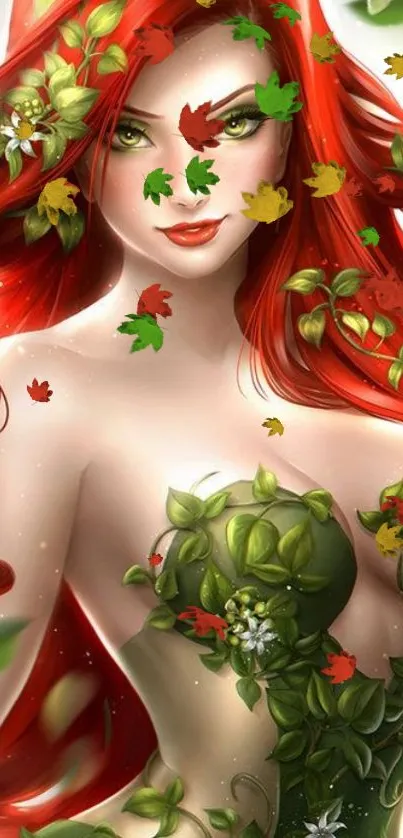 Fantasy redhead fairy surrounded by autumn leaves on mobile wallpaper.