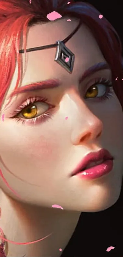 Fantasy art wallpaper featuring a redhead with golden eyes and pink petals.