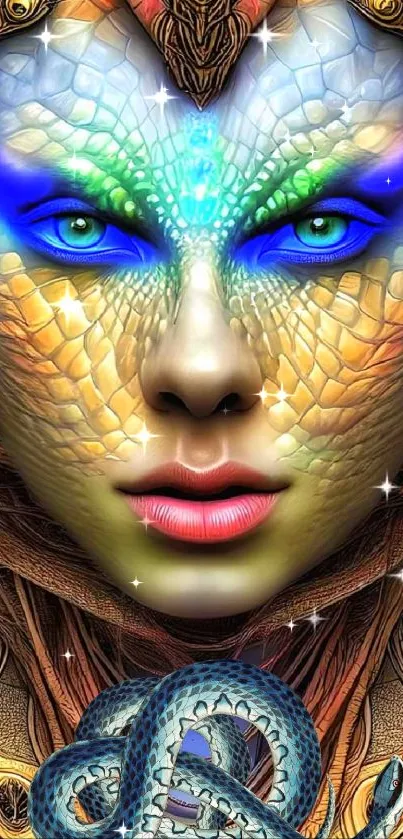 Fantasy reptilian face with vibrant colors on mobile wallpaper.