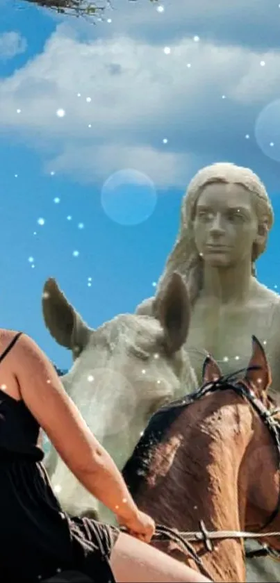 Fantasy rider facing a statue under a vibrant blue sky, depicting a mythical scene.