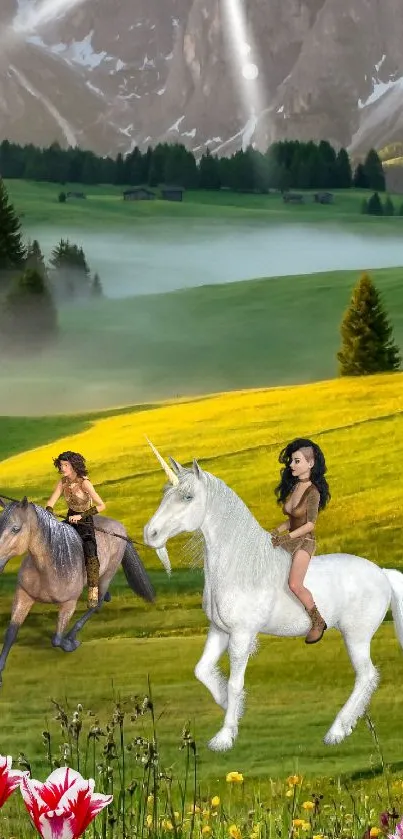 Fantasy riders on unicorn, horse in a sunny meadow with mountains.