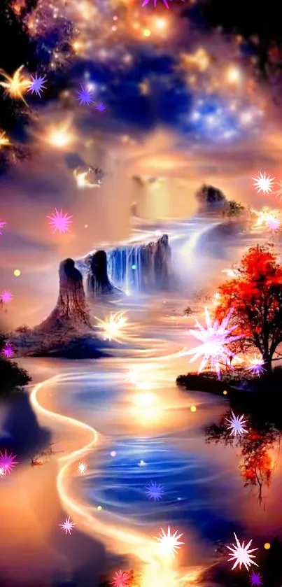 Fantasy landscape with vibrant river and enchanting night lights.