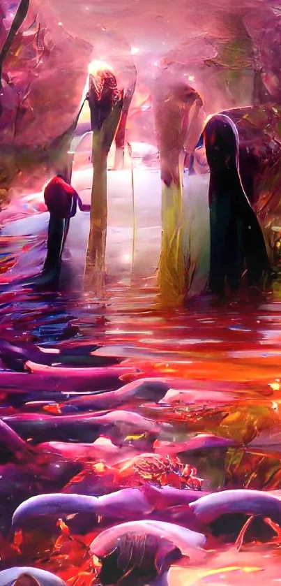 Fantasy river at sunset with orange and purple colors.