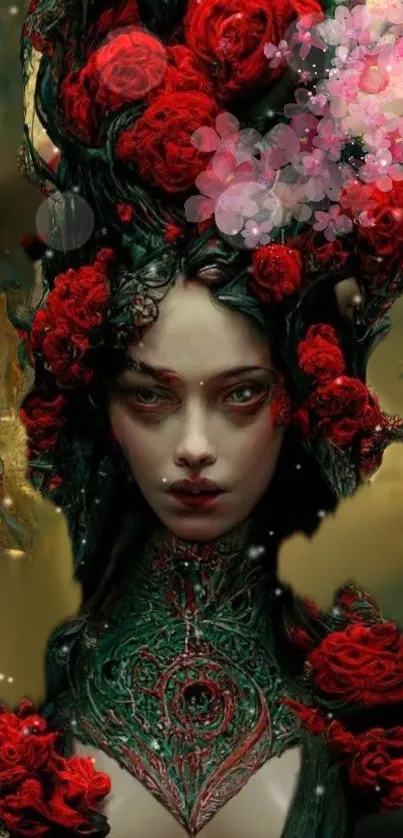 A mystical figure adorned with vivid red roses in a fantasy setting.