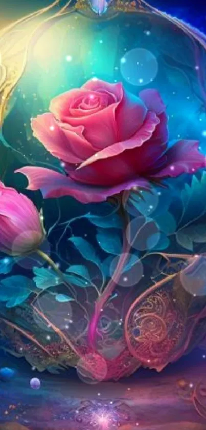 Fantasy rose art with vibrant colors in a magical, colorful setting.