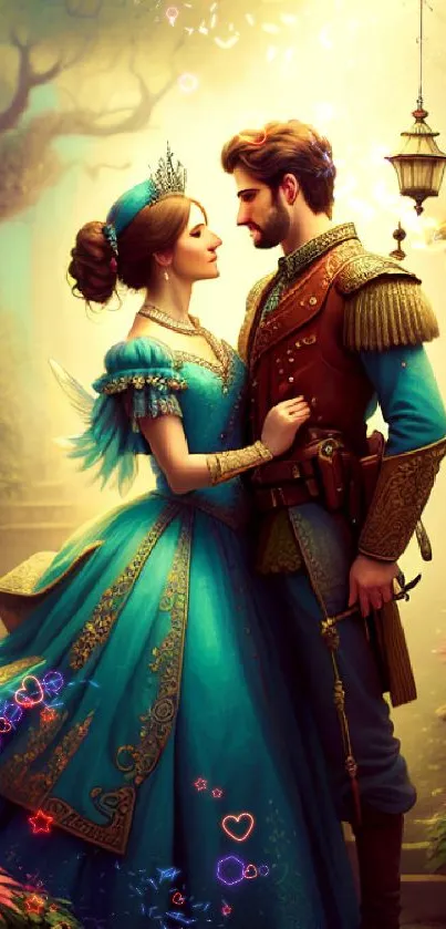 Fantasy royal couple in enchanted forest with vibrant blue tones.