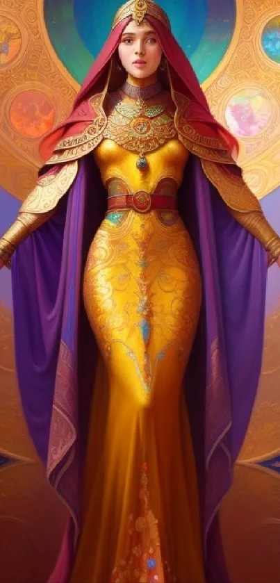 Regal fantasy figure in gold and purple attire with ornate ornamental background.