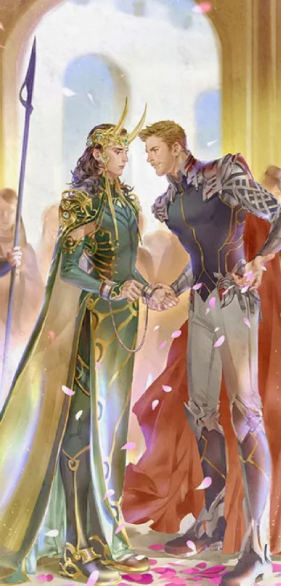 Fantasy art of a regal handshake with vibrant colors.