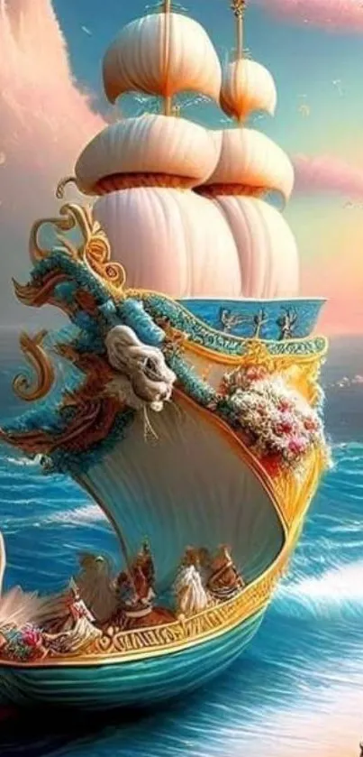 Fantasy sailing ship against a bright sky and ocean waves, ideal for mobile.