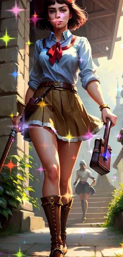 Fantasy schoolgirl walking towards a castle, exuding adventure.