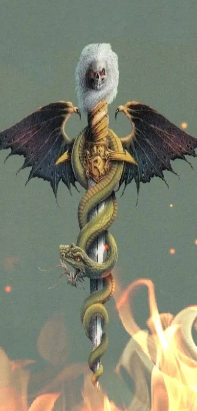 Fantasy serpent with bat wings on a muted green background.