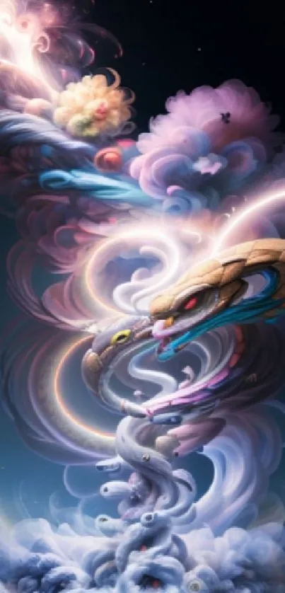 Fantasy serpent entwined in colorful clouds with swirling art.