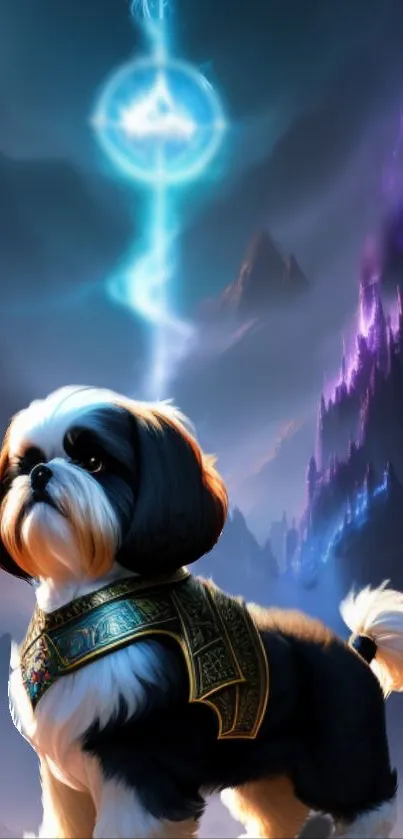 Shih Tzu in fantasy armor with mystical background.