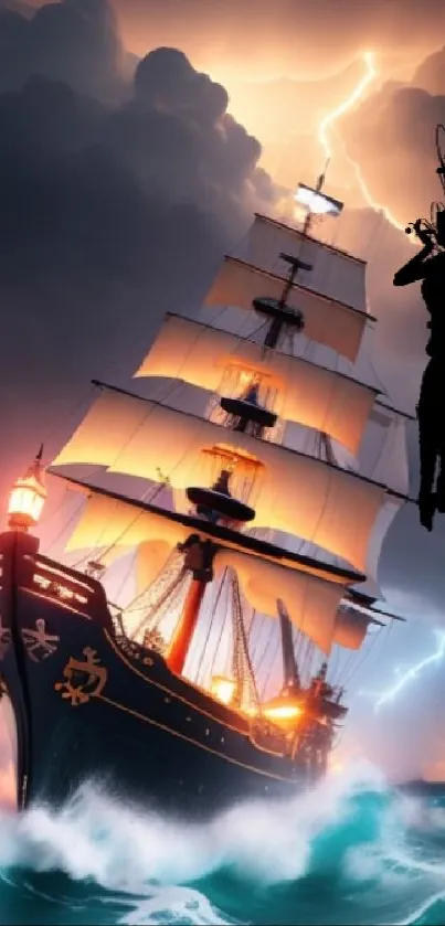 Fantasy ship sails through stormy seas with lightning in the background.