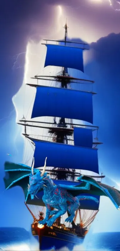 Blue tall ship and dragon with a lightning backdrop.