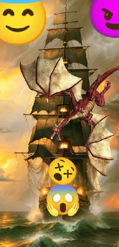 Fantasy ship and dragon with emojis on a stormy sea background.