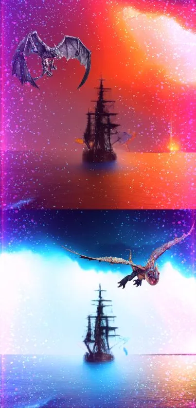 Vibrant fantasy wallpaper with ship and dragons in a colorful universe.