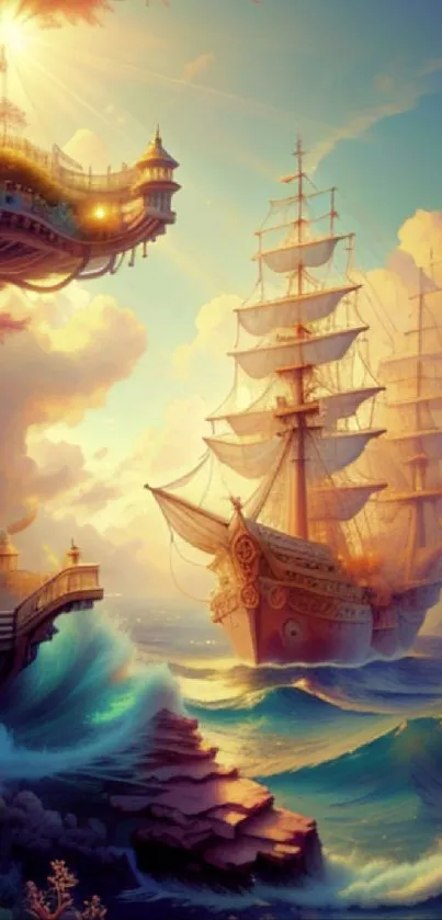 Fantasy ship sailing at sunset with vibrant waves and orange sky.