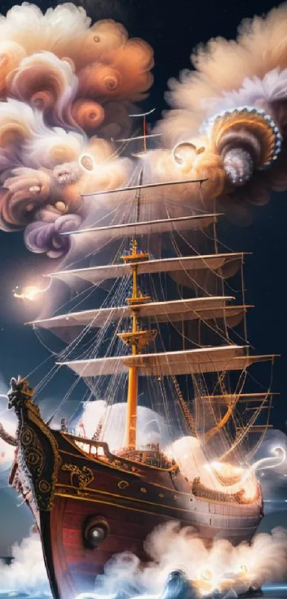 Fantasy ship with swirling clouds on a starry night sky wallpaper.