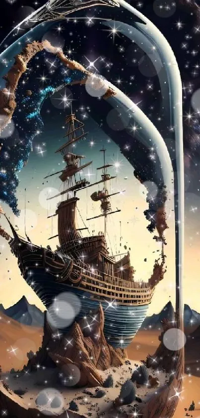 Intricate ship in a bottle with cosmic background and glowing stars.