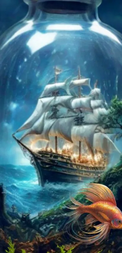 Fantasy ship in a bottle with vibrant ocean and fish.