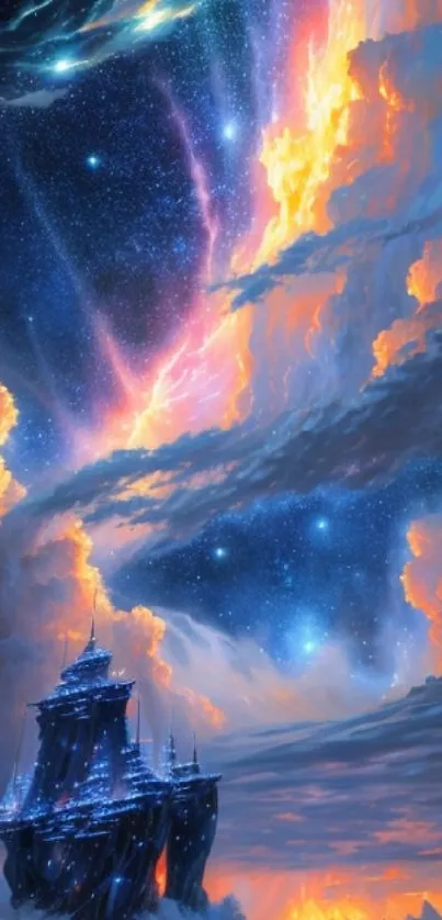 Fantasy ship sails through a cosmic, colorful sky with vibrant clouds.