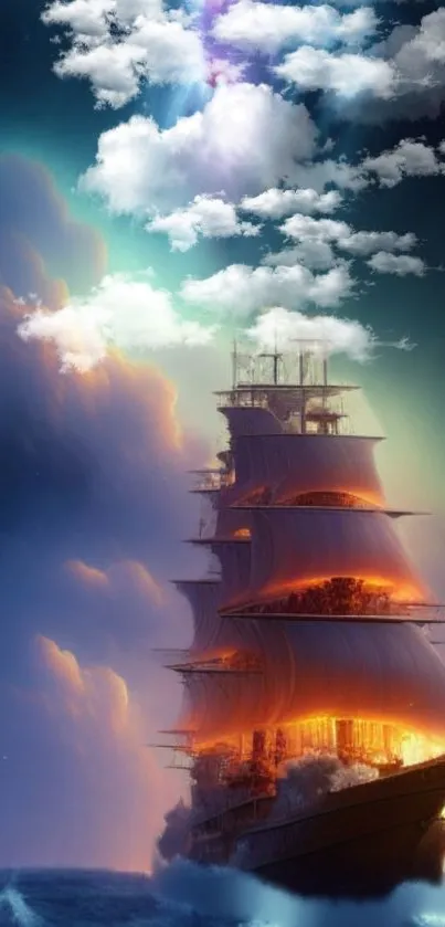 Fantasy ship sailing through glowing clouds in a vibrant and colorful scene.