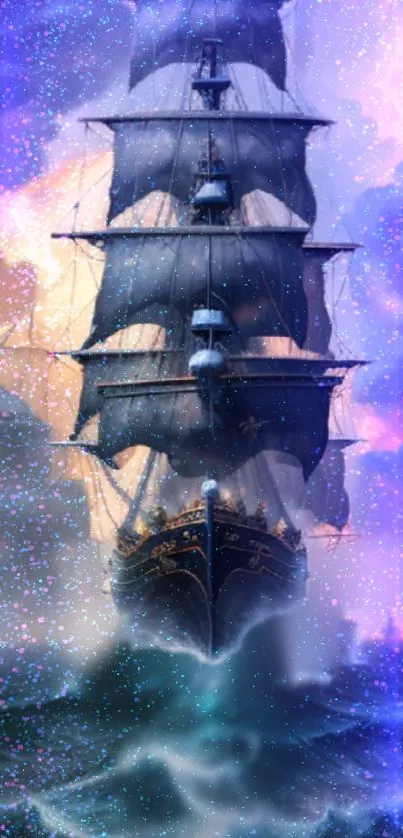 Fantasy ship sailing through a magical sea under a colorful sky.