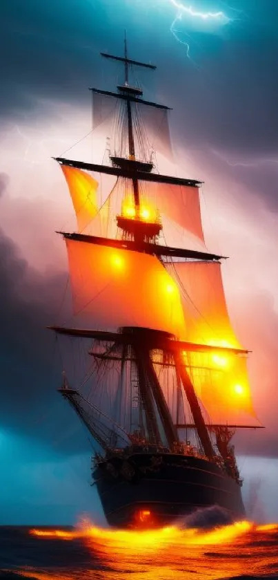 Vibrant fantasy ship in a dramatic stormy sea with lightning.