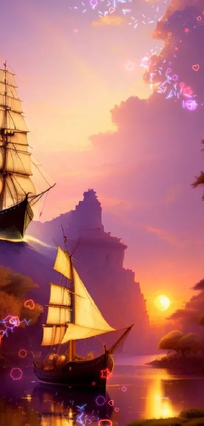 Fantasy ships sailing at sunset with glowing skies and peaceful waters.