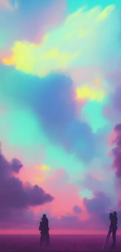 Fantasy sky wallpaper with silhouettes and colorful clouds.