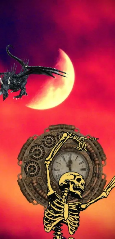 Vibrant red wallpaper with skeleton, dragon, and clock.