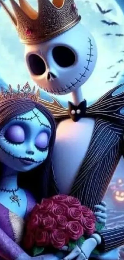 Fantasy skeleton couple under a moonlit sky, embracing romantically.