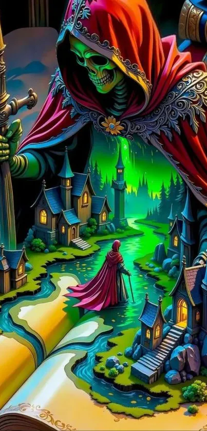 Skeleton in red cloak by enchanted village with candlelight.