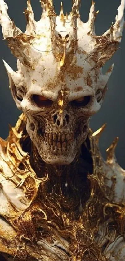 Fantasy skeleton king in glowing gold armor with crown.